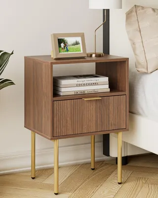 Produktbild von Modernes Holz-Nachtkästchen mit Schublade, Beistelltisch in Walnuss