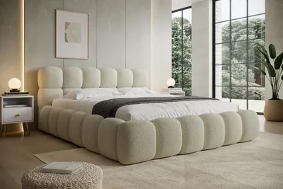 Produktbild von Polsterbett NUVIO 180x200 cm – Modernes Bouclé-Doppelbett mit gepolstertem Kopfteil Creme – 180x200x87 cm