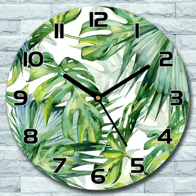 Produktbild von Wanduhr aus Glas Rund fi 30 Tropische Blätter Quarz Deko Schlafzimmer Büro