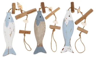 Produktbild von 3 Stück Hängende Holzfische aus Handgeschnitztem Holz im Mediterranen Vintage-Stil für Maritime Restaurant- und Flurdeko