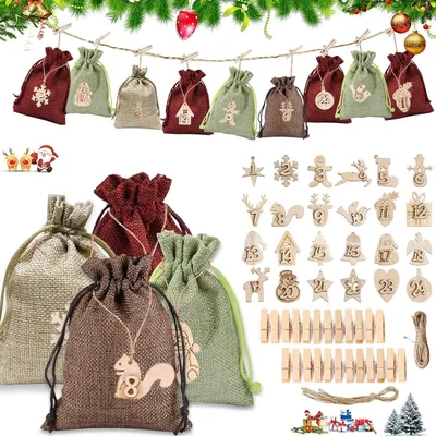 Produktbild von Adventskalender zum Befüllen 24 Säckchen Holzanhänger Clips Stoffbeutel