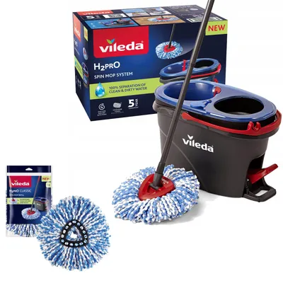 A Vileda H2PRO Spin Mop System with a bucket and mop head, along with a package of extra mop heads.