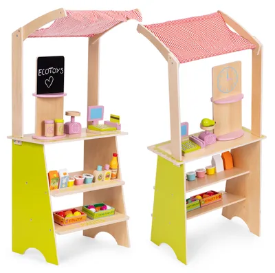 Produktbild von Großer Holzverkaufsstand für Kinder mit Kasse und Waage – Obst und Gemüse – 20 Teile – ECOTOYS
