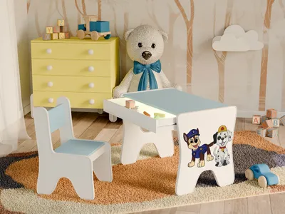 Obrázek produktu pro Happy Babies - Dětský psací stůl a židle, ergonomický hrací stůl s prostornou zásuvkou - Dětský stůl na učení a hraní - Dětský nábytek, pes