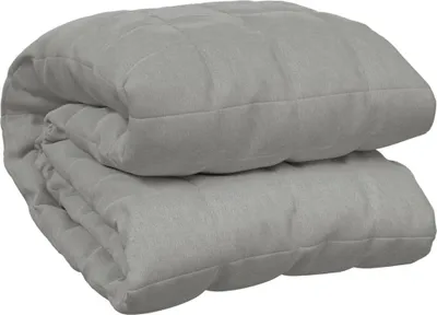 A folded gray weighted blanket is shown against a white background.