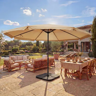 Image de Parasol Meran Pro, parasol de marché gastronomique avec volant Ø 5m polyester/alu 28kg ~ crème avec support