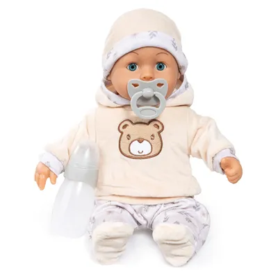Produktbild von Bayer Design 93824CW Babypuppe interaktiv, Spielpuppe sprechend, 24 Babylaute, Schlafaugen, weicher Körper, 38 cm, Schnuller und Flasche