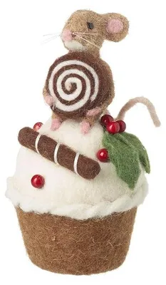 Filzmaus im Cupcake, 9x9x16 cm, Dekoration, Rosa und Weiß