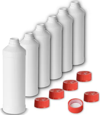 Produktbild von 6x 500 ml Rundflaschen HDPE weiß RD 28 zylindrisch + 6x Verschluss für Kunststoffflaschen  Drück+Dreh Verschluss mit Schaumeinl. PP rot 28