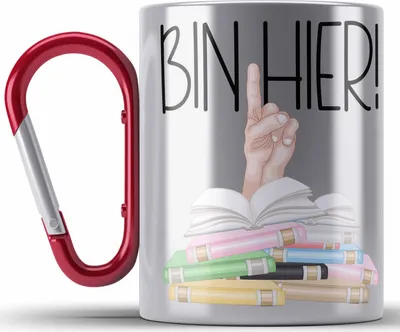 Produktbild von Trendation - Leseratte Geschenk Edelstahl Tasse Karabiner Buch Grafik Bücher Lesen Bücherwurm Geschenk Spruch Lesen Bin hier (Rot)
