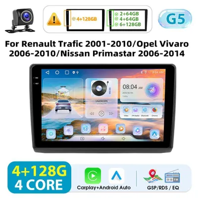 Obrázek produktu pro Bezdrátové autorádio s CarPlay a Androidem – 2-DIN – dotykový displej 25,4 cm – 4 GB RAM, 128 GB ROM – se zadní kamerou – pro Renault Trafic 2001–2010/Opel Vivaro 2006–2010 – žluté