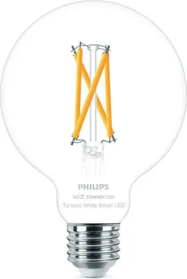 A studio shot of a transparent smart LED light bulb with visible filament.