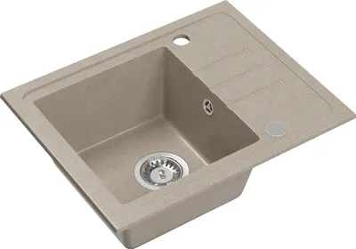 A beige granite kitchen sink with a single basin and a draining board, shown from a slightly elevated angle against a white background.