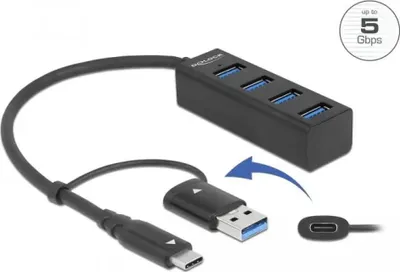 Produktbild von DeLOCK 4 Port USB 5 Gbps Hub mit USB Type-C oder USB Typ-A Anschluss, USB 3.2 Gen 1 (3.1 Gen 1) Type-A + Type-C, USB 3.2 Gen 1 (3.1 Gen 1) Type-A, 5000 Mbit/s, Schwarz, 0,2 m, 23 mm