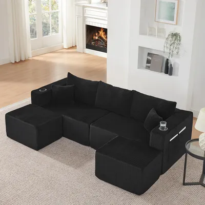 Produktbild von MODFU Modulares Ecksofa L-Form 3-Sitzer aus Cordstoff, Wohnlandschaft mit 2 Ottomanen, Getränkehalter und Seitentaschen,Polstersofa mit Kissen,Schwarz