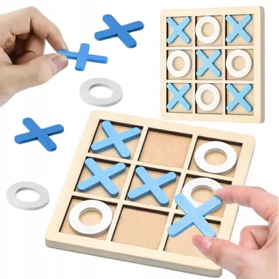 A wooden tic-tac-toe game with blue 'X' pieces and white 'O' pieces is shown. Hands are placing pieces on the game boards.