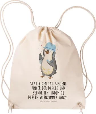 Produktbild von Mr. & Mrs. Panda Jutebeutel Pinguin Duschen - Transparent - Geschenk, zugbeutel, Neuanfang, Dusche, gym rucksack, Beutel, Pinguine, Duschkonzert, Singen, tasche, Baden
