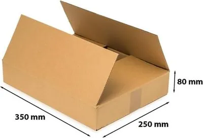 A brown cardboard box with its flaps open, showing dimensions.