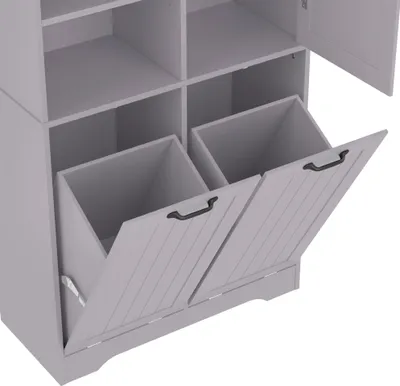 Produktbild von okwish Badezimmerschrank mit Doppel-Wäschekorb,Hochschrank mit  4 offene Fächer und 1 Tür mit 3 Innenfächern, verstellbarem Regal,feuchtigkeitsbeständig, Grau
