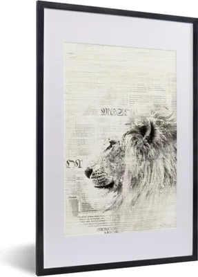 Produktbild von MuchoWow® MuchoWow® Gerahmtes Poster Zeitung - Löwe - Schwarz - Weiß 40x60 cm - Poster mit zchwarzem Bilderrahmen - Poster in Rahmen
