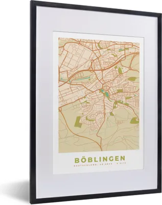 Produktbild von MuchoWow® Gerahmtes Poster Böblingen - Karte - Vintage - Stadtplan 30x40 cm - Poster mit Schwarzem Bilderrahmen Wandposter Rahmen Foto Bilder - Wandposter Schlafzimmer