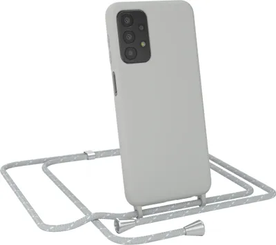 Produktbild von EAZY CASE Handykette kompatibel mit Samsung Galaxy A23 5G Handyhülle zum Umhängen, Silikon Hülle mit Band, Schutzhülle mit Ersatzkordel, Stylische Kette für Smartphone, Hell Grau / Weiß