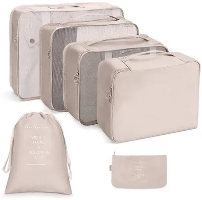 Produktbild von Ibenzoa® Koffer-Organizerset – 6‑teiliges Packwürfel-Set, wasserabweisend, beige, Nylon/Polyester