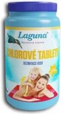 A bottle of Laguna Chlortabletten with a picture of a mother and child on the front.