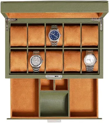 Produktbild von Leder Uhrenbox mit 10 Fächern und Schublade, grün/braun, luxus