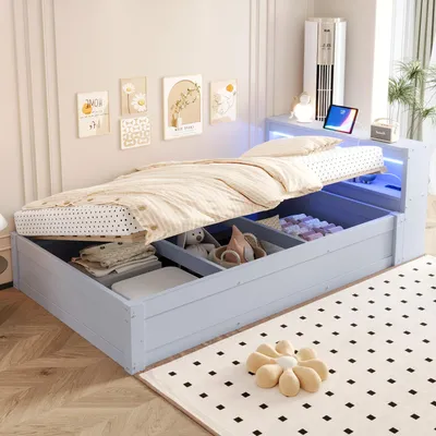Immagine prodotto di DIVANO LETTO 90x200 cm con spazio contenitore a sollevamento idraulico, striscia LED, presa di corrente e vani portaoggetti, letto matrimoniale in legno massello con contenitore, letto singolo, colore grigio