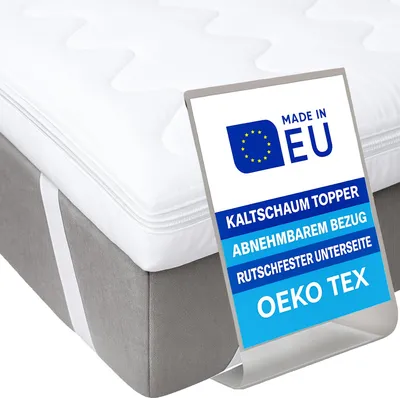 Zdjęcie produktu dla Pillows24 - Topper 140x200cm wykonany z zimnej pianki - wysokość 6cm - Materac nawierzchniowy ze zdejmowanym pokrowcem i antypoślizgowym spodem | OEKO-TEX | Wyprodukowano w UE