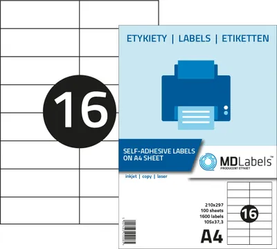 Produktbild von MDlabels Universal 16 Etiketten DIN A4 (105x37,3 mm, 1600 Etiketten auf 100 Blätter) Klebeetiketten - mattes Papier – bedruckbare - Weiß