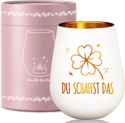 Produktbild von Windlicht aus Glas, Glücksbringer mit Gravur – „Du schaffst das“ – Geschenkbox
