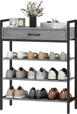 Produktbild von 4-stufiges Schuhregal, Flurregal für bis zu 9 Paar Schuhe, Spanplatte, Metall, Grau