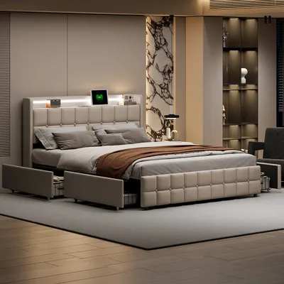 Image de Lit double 160 x 200 cm avec LED, 4 tiroirs, port USB, tête de lit rembourrée, tissu beige, style moderne.