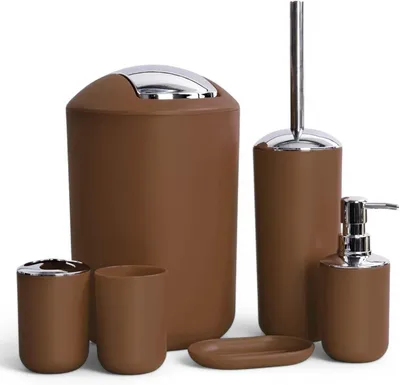 Image de Ensemble de salle de bain 6 pièces, comprenant un distributeur de savon, une brosse pour toilettes, de couleur marron, pour salle de bain