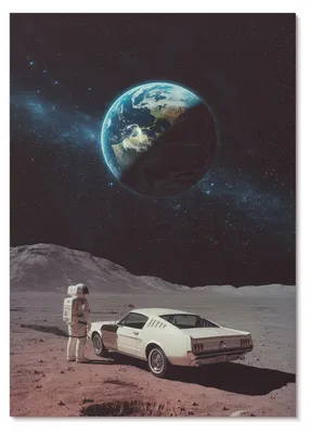 Produktbild von POSTER - 21x29 cm (A4) - Vinci Group - Astronaut auf dem Mond, Auto, Erde, Sterne - Wandbild für Wohnzimmer Schlafzimmer & Flur, Modernes Poster Wanddeko, Ungerahmt