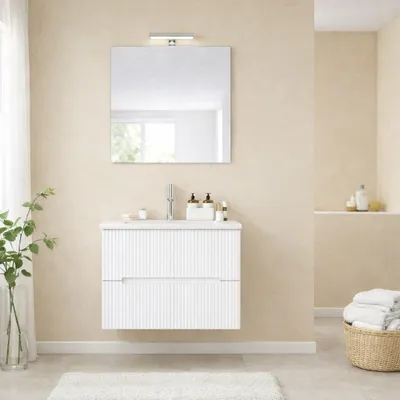 Produktbild von Hängendes Badmöbel 60cm Weiß Matt, 2 Schubladen geriffelte Front, Keramikwaschbecken, Modernes Design, Vormontiert | Magnolia