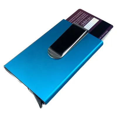 Obrázek produktu pro Bezpečnostní RFID kovové pouzdro a peněženka na karty a doklady až pro 8 karet se sponou na peníze - Modrá Peněženka Daklos