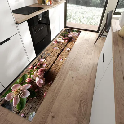 Produktbild von Küchenläufer 60 x 300 cm Braun rutschfest & waschbar – Küchenteppich Apfelblüten auf Holz PVC Teppichläufer Küche