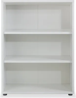 An empty white bookshelf with three shelves.