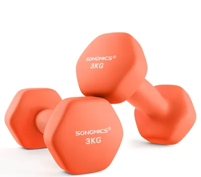 Two orange dumbbells are placed on a white background. One dumbbell is in the foreground, and the other is slightly behind and on top of it.