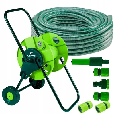 Produktbild von VERTO Schlauchwagen mit Schlauch 1/2" + Wasserspritze + 3x Schlauchverbinder, Wasserstop, Hahnverbinder - Gartenbewässerung Komplettes Starterset 20 m