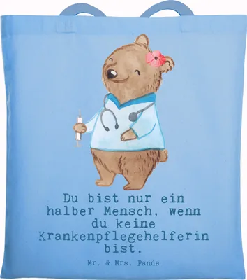 Produktbild von Mr. & Mrs. Panda Tote Bag Krankenpflegehelferin Herz - Sky Blue - Geschenk, Ausbildung, Spruch, Tasche, Jutetasche, Pflegekraft, Laptoptasche, Tragetasche, Jutebeutel