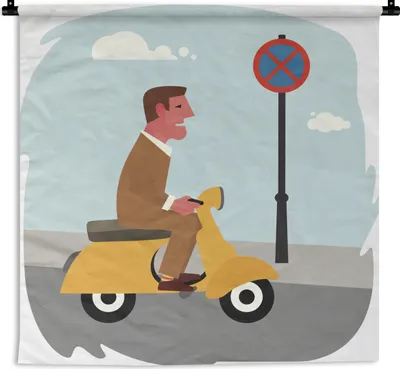 Produktbild von MuchoWow® Wandteppich Wandbehang Illustration eines Mannes auf einer Vespa 150x150 cm Tapisserie Dekoration Wandtuch - Wohnaccessoires - Modernes