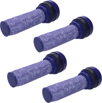 Four purple cylindrical filters arranged diagonally on a white background.