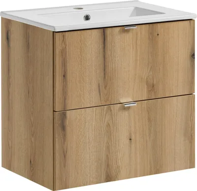 Obrázok produktu pre Kúpeľňová skrinka s umývadlom 60 cm dub s bielymi keramickými zásuvkami