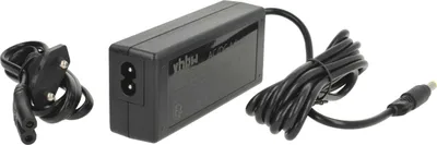 A black power adapter with two cables, one with a plug and the other with a connector.