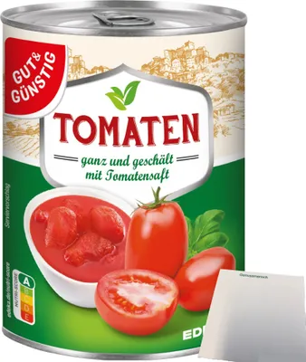 Produktbild von Gut & Günstig Tomaten ganz geschält mit Tomatensaft (400g Dose) + usy Block