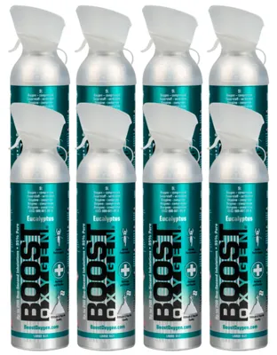 Produktbild von Boost Oxygen Sauerstoffdose 8 Stück, 9 Liter Groß, Menthol-Eukalyptus-Aroma, 99.5% rein